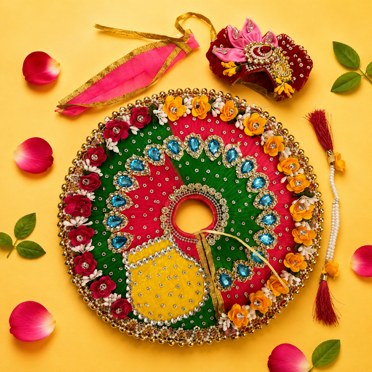 Makhan Matki Embroidery Laddu Gopal Poshak with Mukut - Multicolor (Size 6)