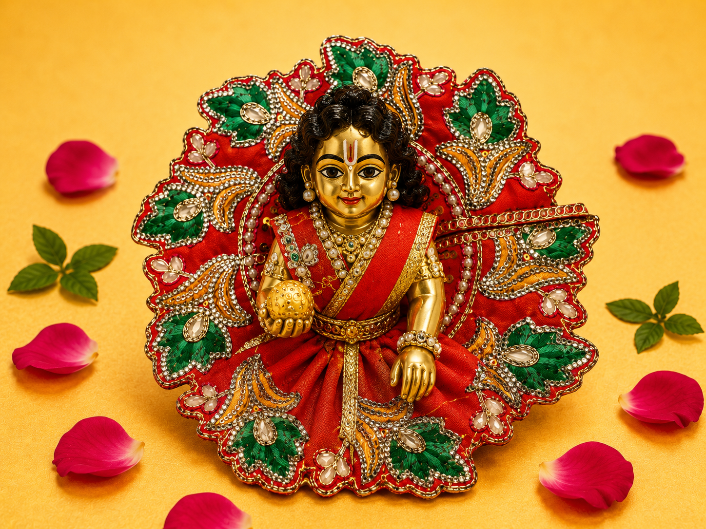 Zari Floral Laddu Gopal Poshak Set with Choli - Orange & Green (Size 4)