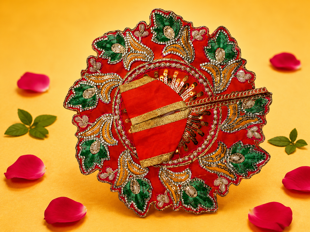 Zari Floral Laddu Gopal Poshak Set with Choli - Orange & Green (Size 4)