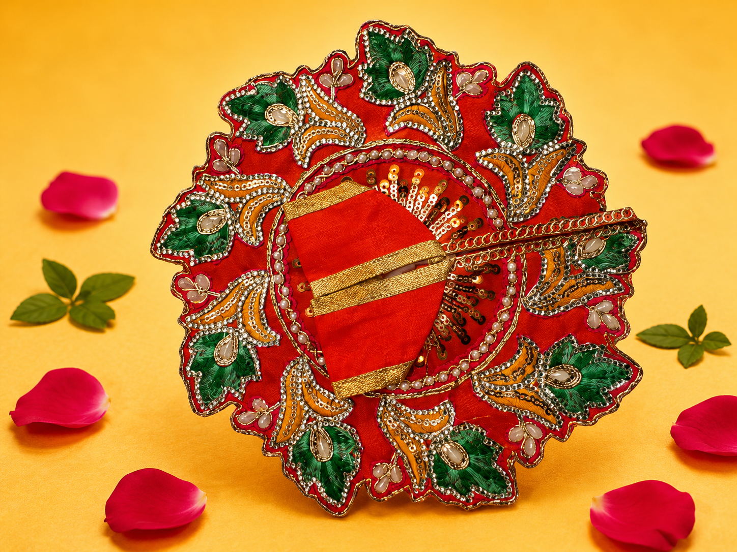 Zari Floral Laddu Gopal Poshak Set with Choli - Orange & Green (Size 4)