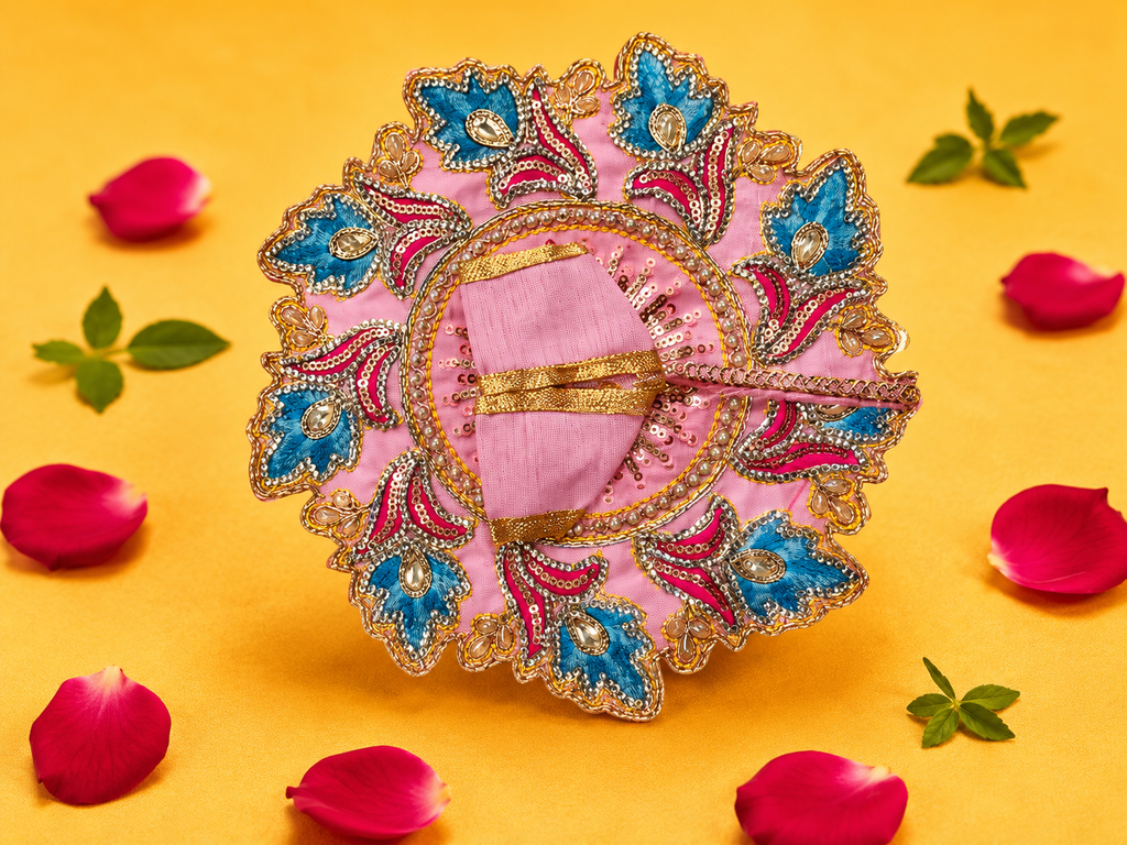 Zari Floral Laddu Gopal Poshak Set with Choli - Pink & Blue (Size 4)