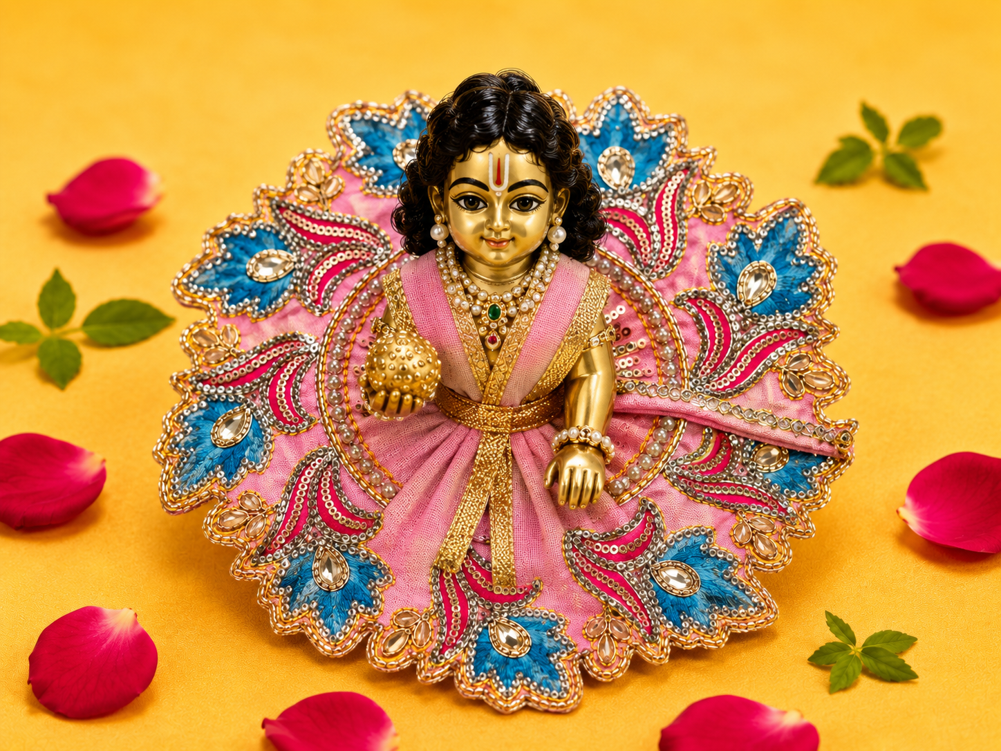 Zari Floral Laddu Gopal Poshak Set with Choli - Pink & Blue (Size 4)