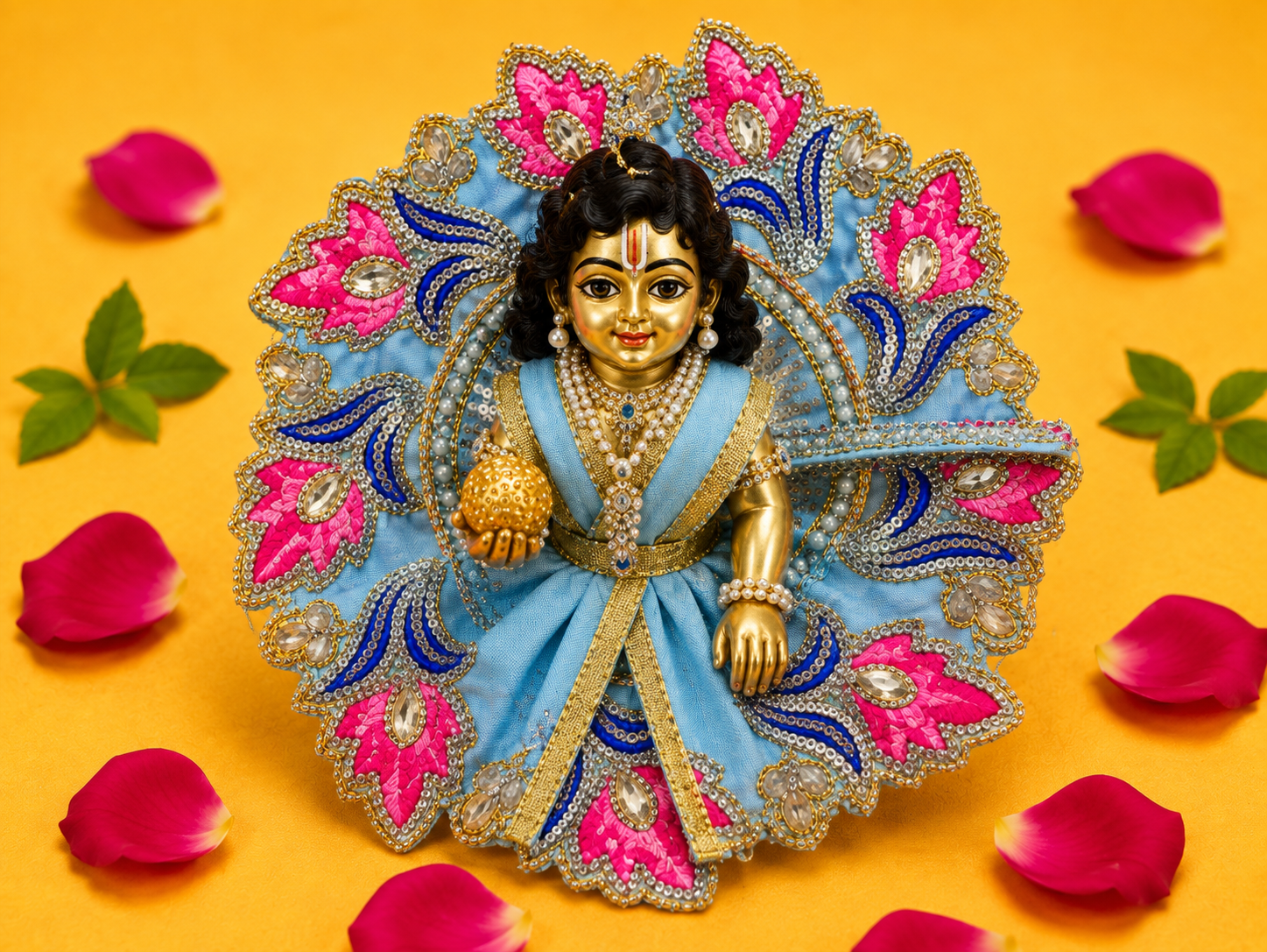 Zari Floral Laddu Gopal Poshak Set with Choli - Light Blue & Pink (Size 4)