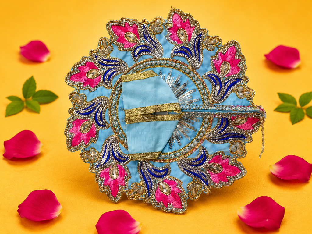 Zari Floral Laddu Gopal Poshak Set with Choli - Light Blue & Pink (Size 4)