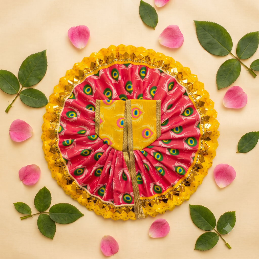 Mor Pankh Print Laddu Gopal Poshak Set with Choli - Red & Yellow (Size 4)