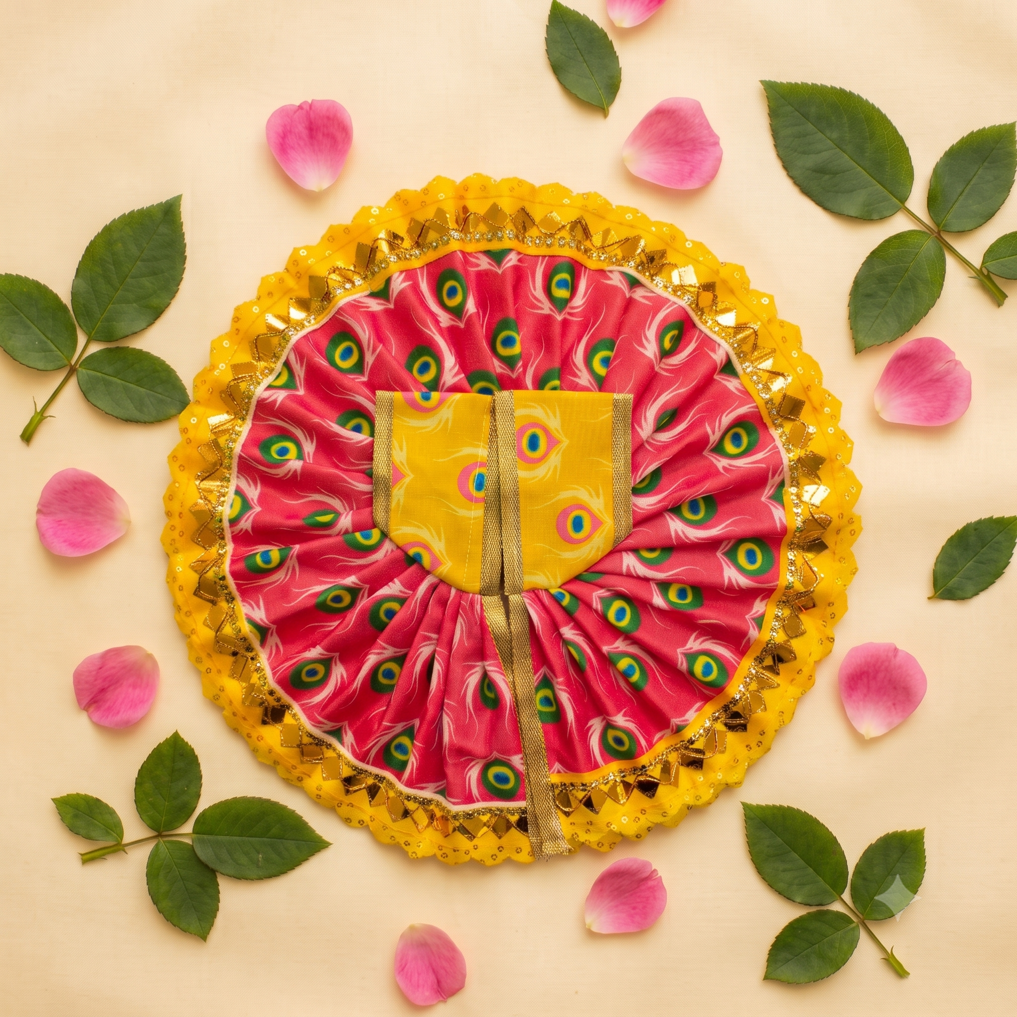 Mor Pankh Print Laddu Gopal Poshak Set with Choli - Red & Yellow (Size 4)