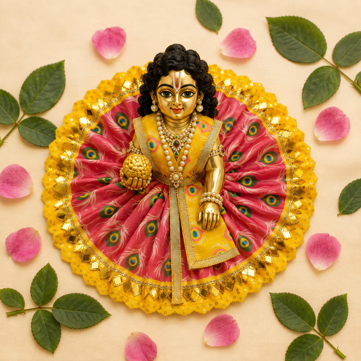 Mor Pankh Print Laddu Gopal Poshak Set with Choli - Yellow & Red (Size 5)