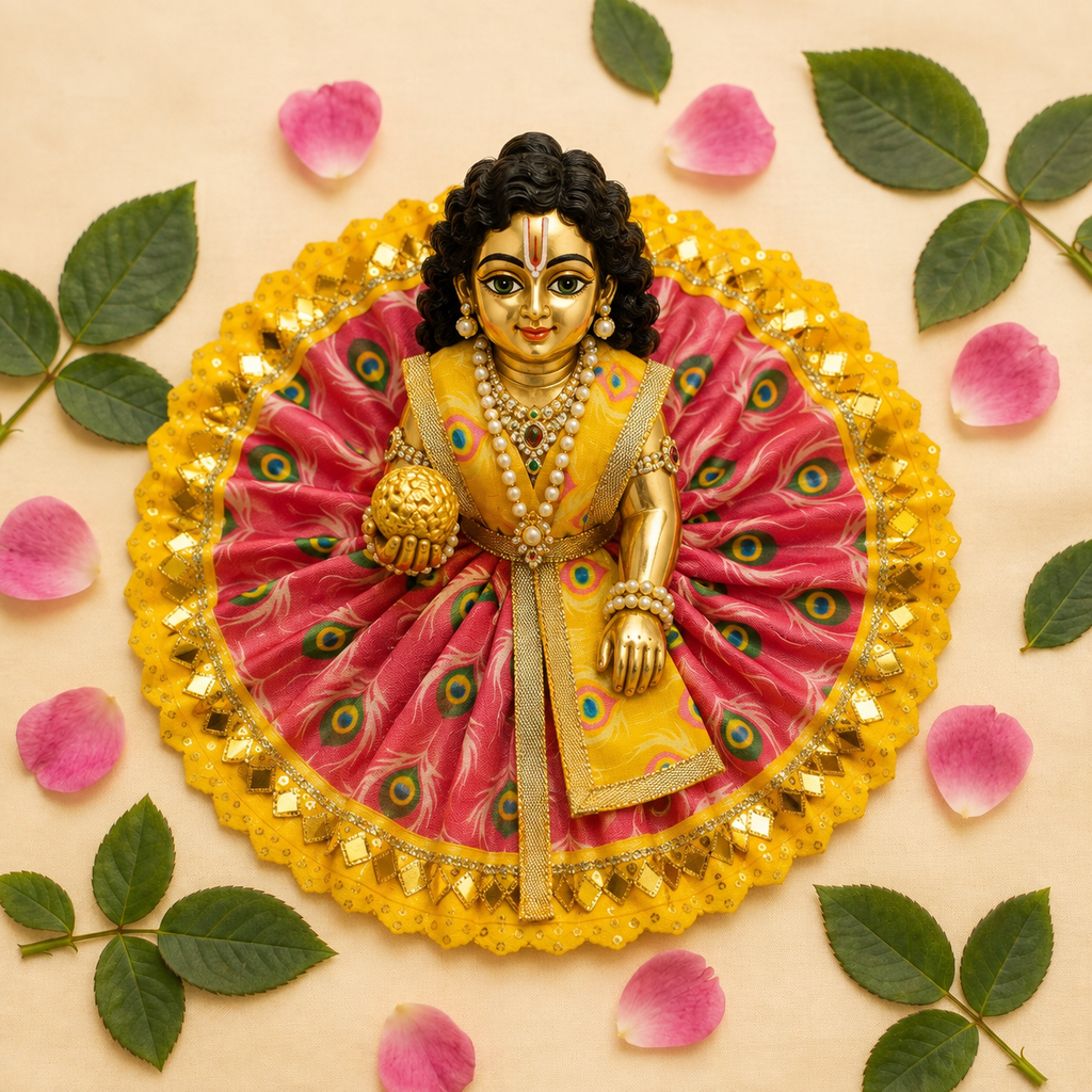 Mor Pankh Print Laddu Gopal Poshak Set with Choli - Red & Yellow (Size 4)