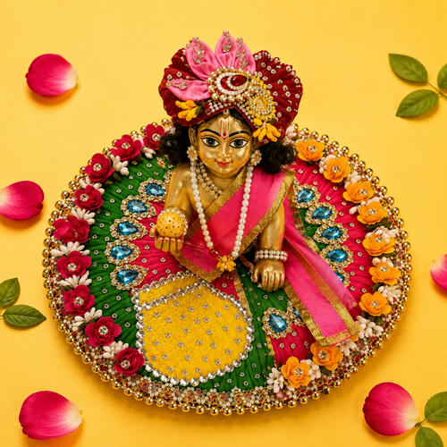 Makhan Matki Embroidery Laddu Gopal Poshak with Mukut - Multicolor (Size 6)