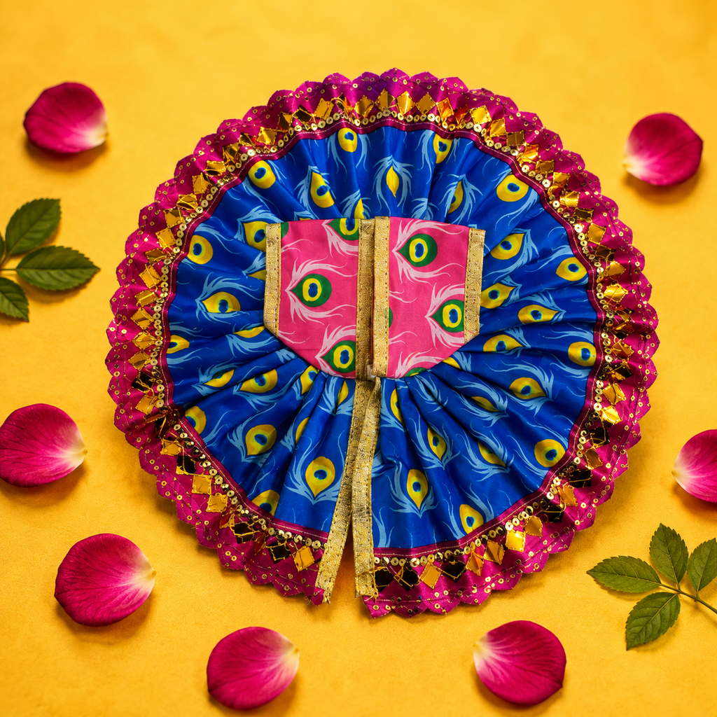 Mor Pankh Print Laddu Gopal Poshak Set with Choli - Blue & Pink (Size 5)