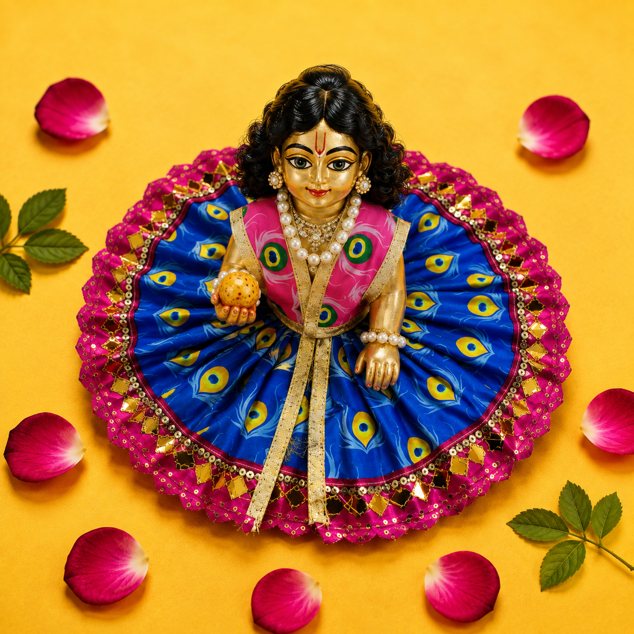 Mor Pankh Print Laddu Gopal Poshak Set with Choli - Blue & Pink (Size 5)