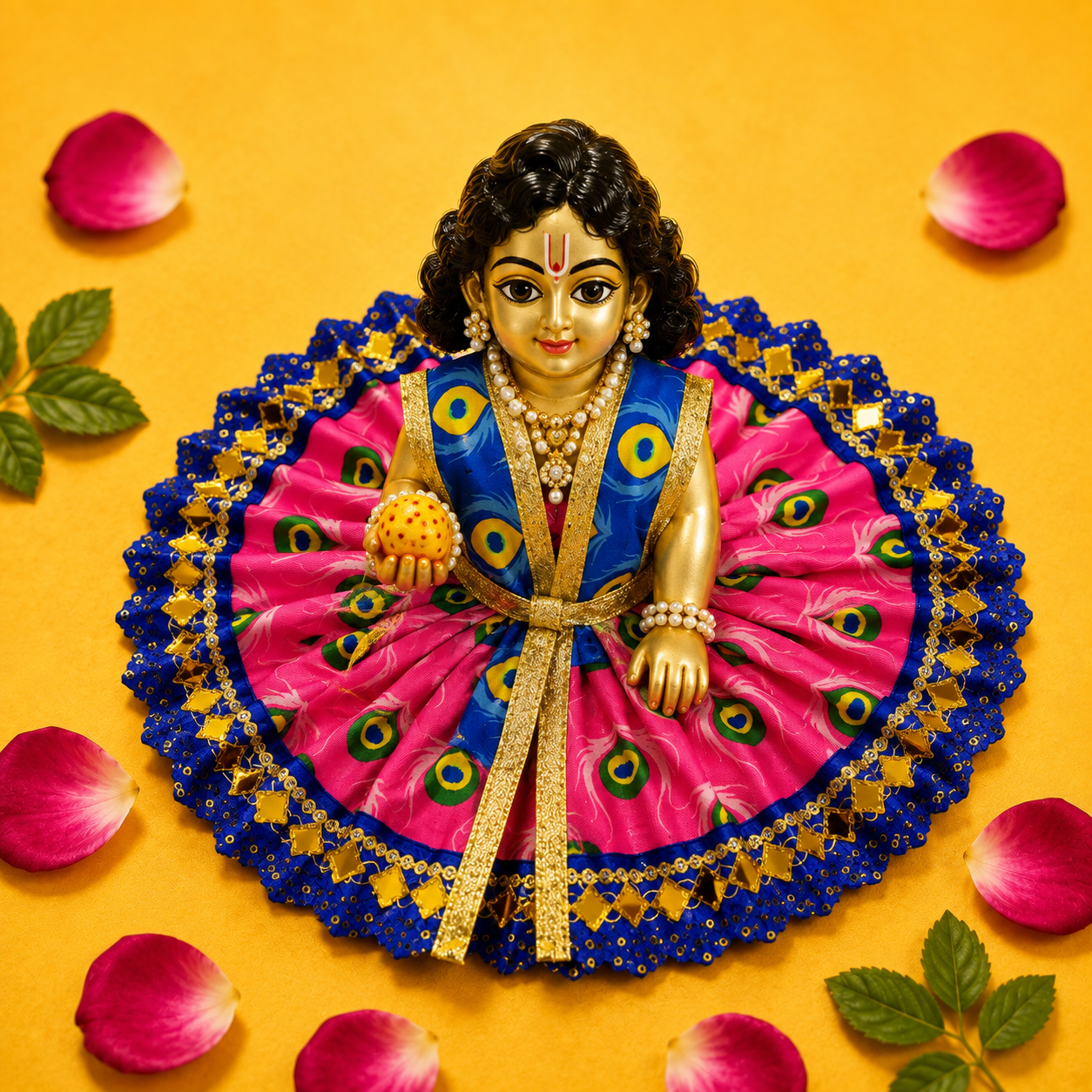 Mor Pankh Print Laddu Gopal Poshak Set with Choli - Pink & Blue (Size 5)