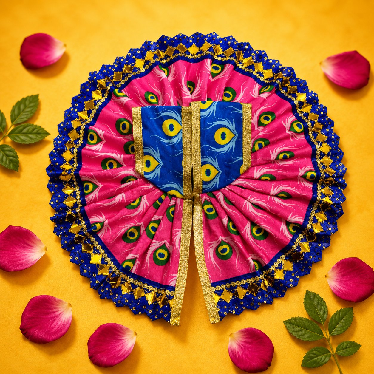 Mor Pankh Print Laddu Gopal Poshak Set with Choli - Pink & Blue (Size 5)