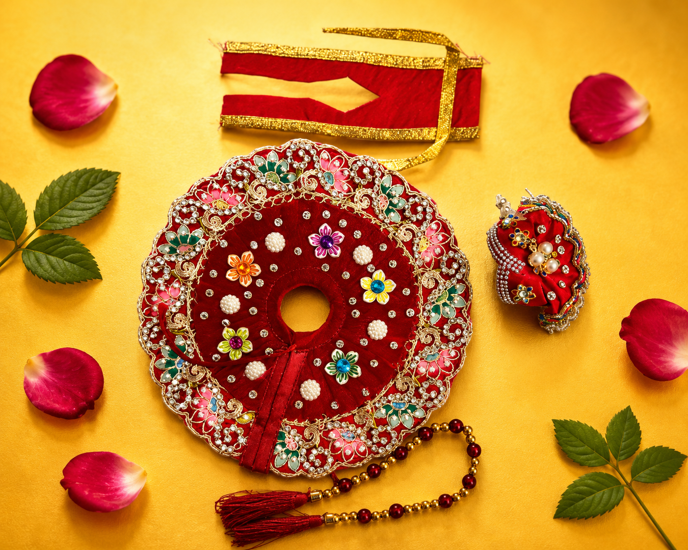 Velvet Laddu Gopal Poshak Set with Matching Mukut - Red (Size 6)