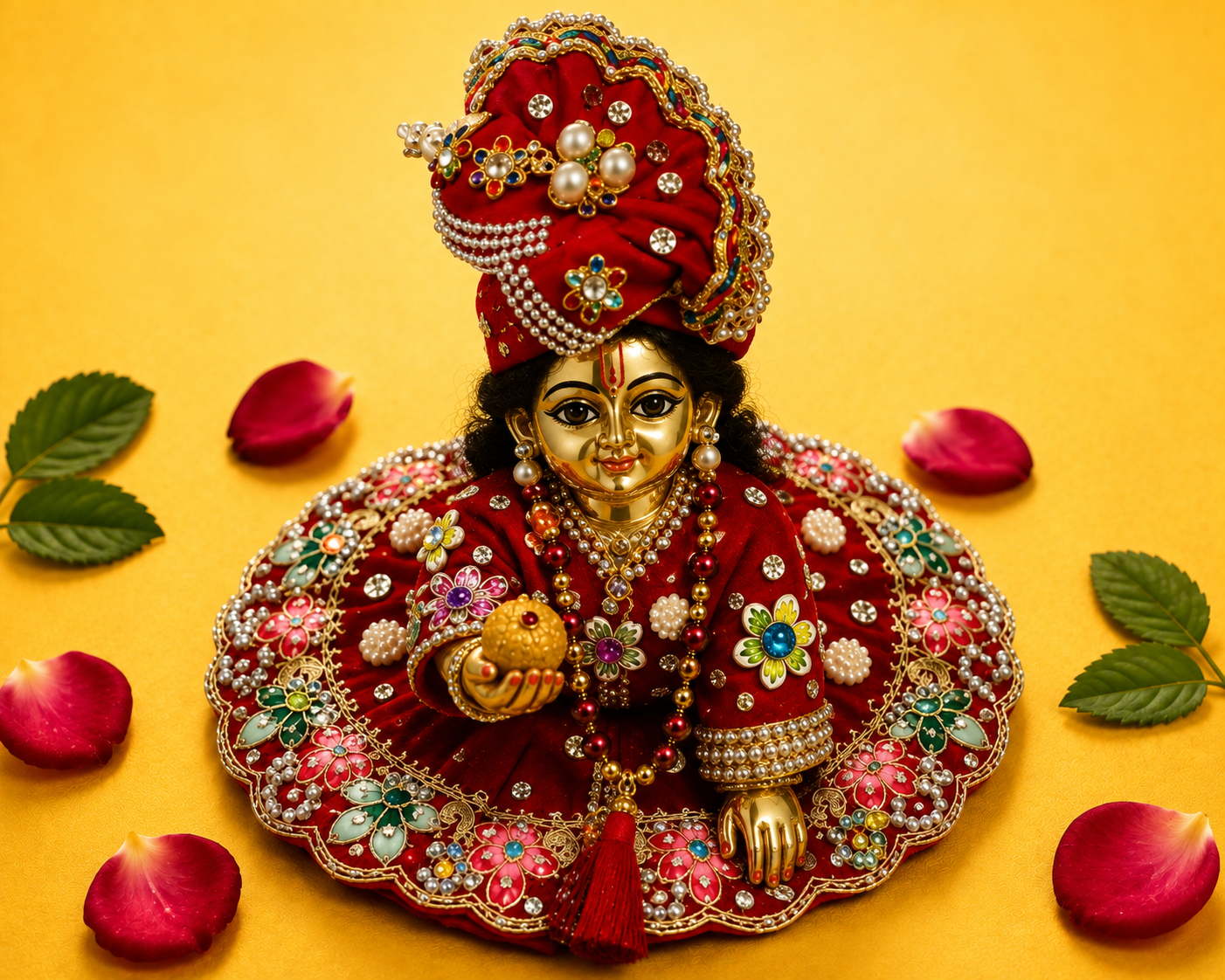 Velvet Laddu Gopal Poshak Set with Matching Mukut - Red (Size 6)