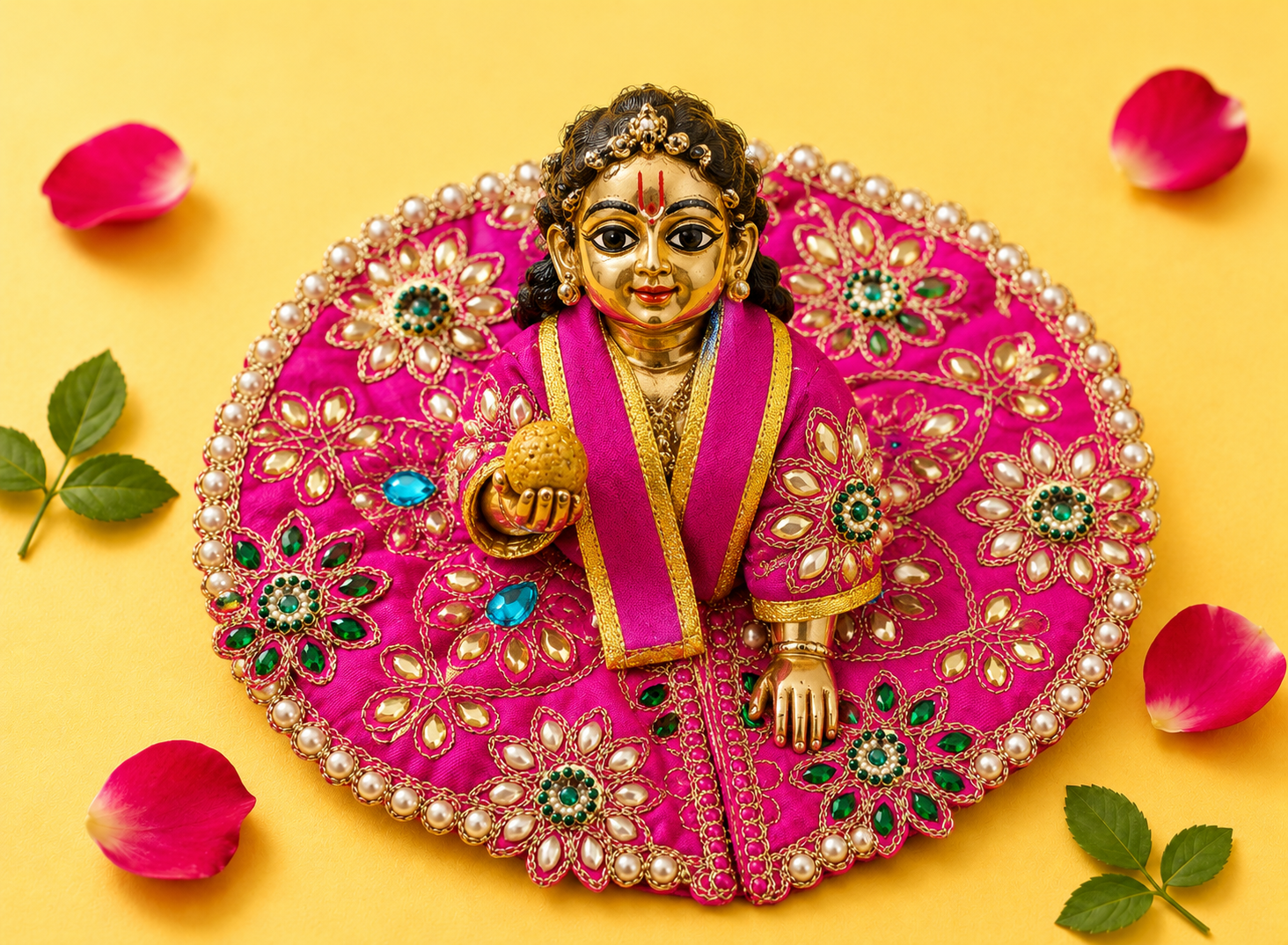 Silk Emerald & Pearl Floral Laddu Gopal Poshak Set with Choli - Magenta (Size 4)