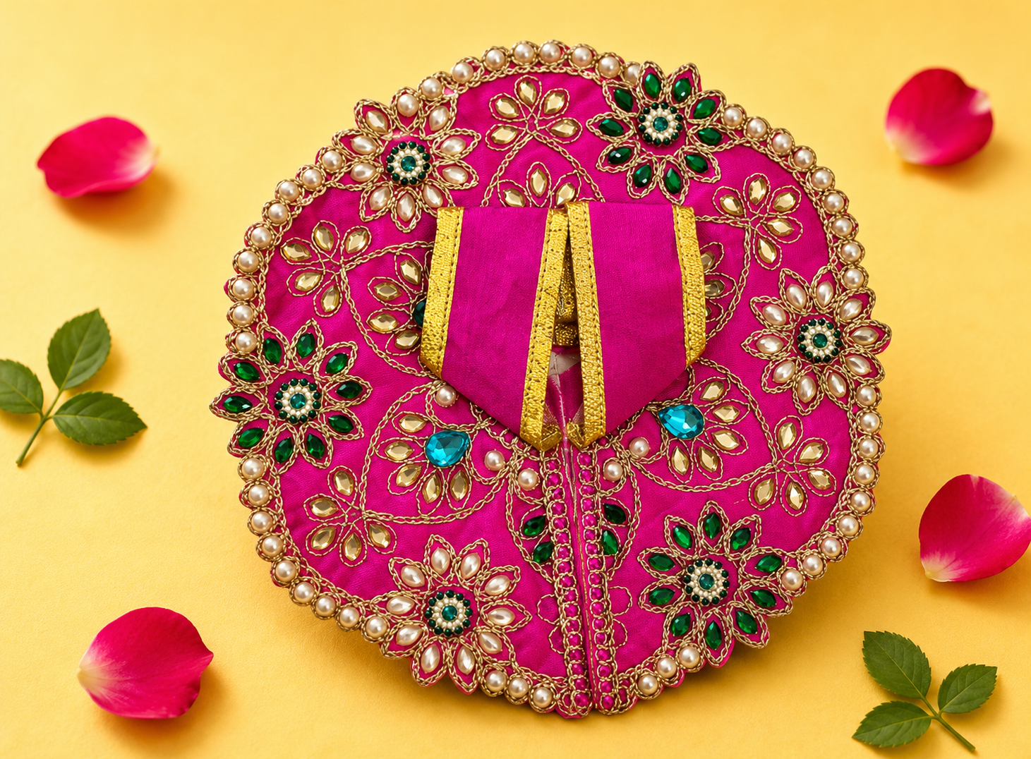 Silk Emerald & Pearl Floral Laddu Gopal Poshak Set with Choli - Magenta (Size 6)