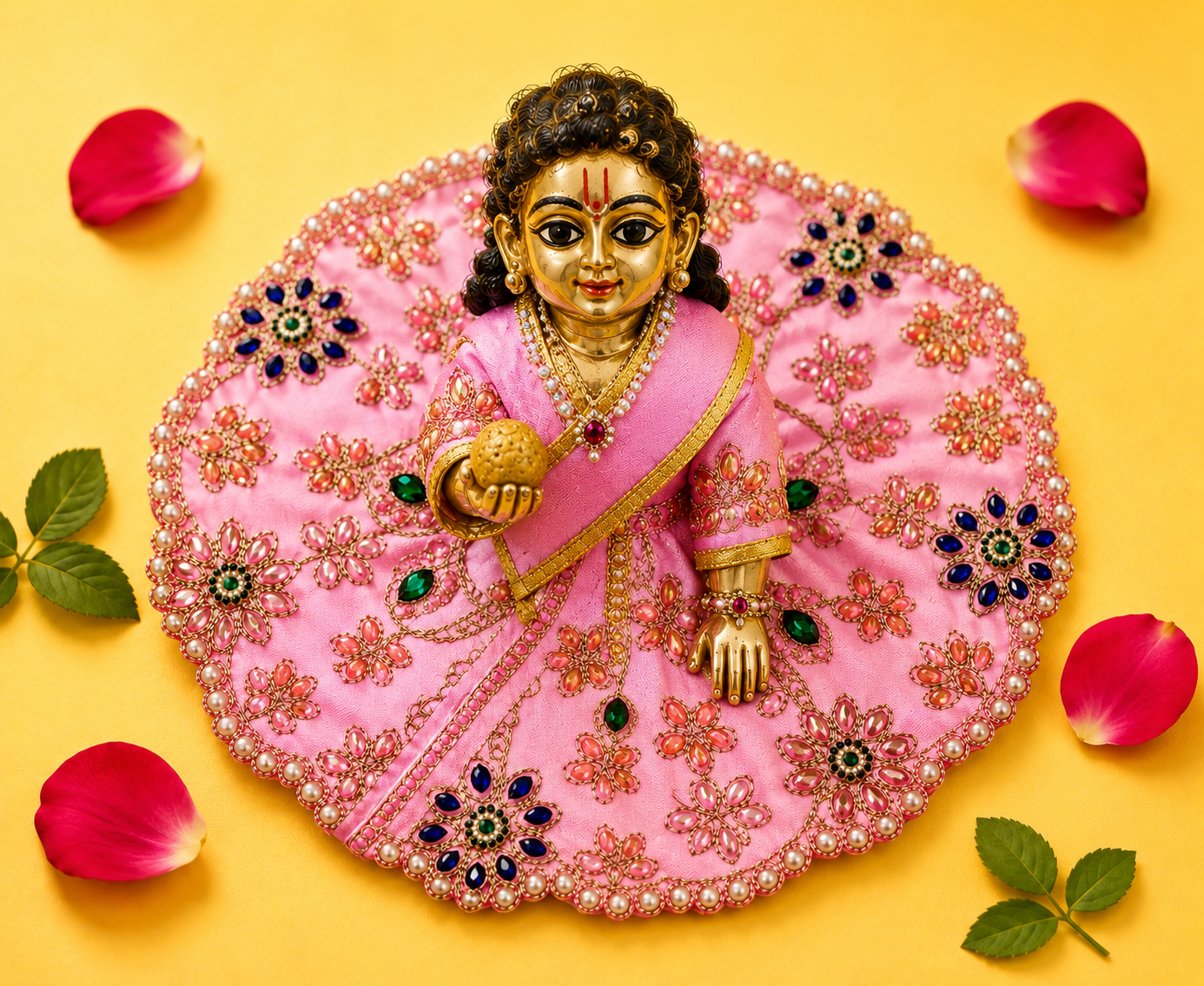 Silk Floral Stonework Laddu Gopal Poshak Set with Choli - Light Pink (Size 6)