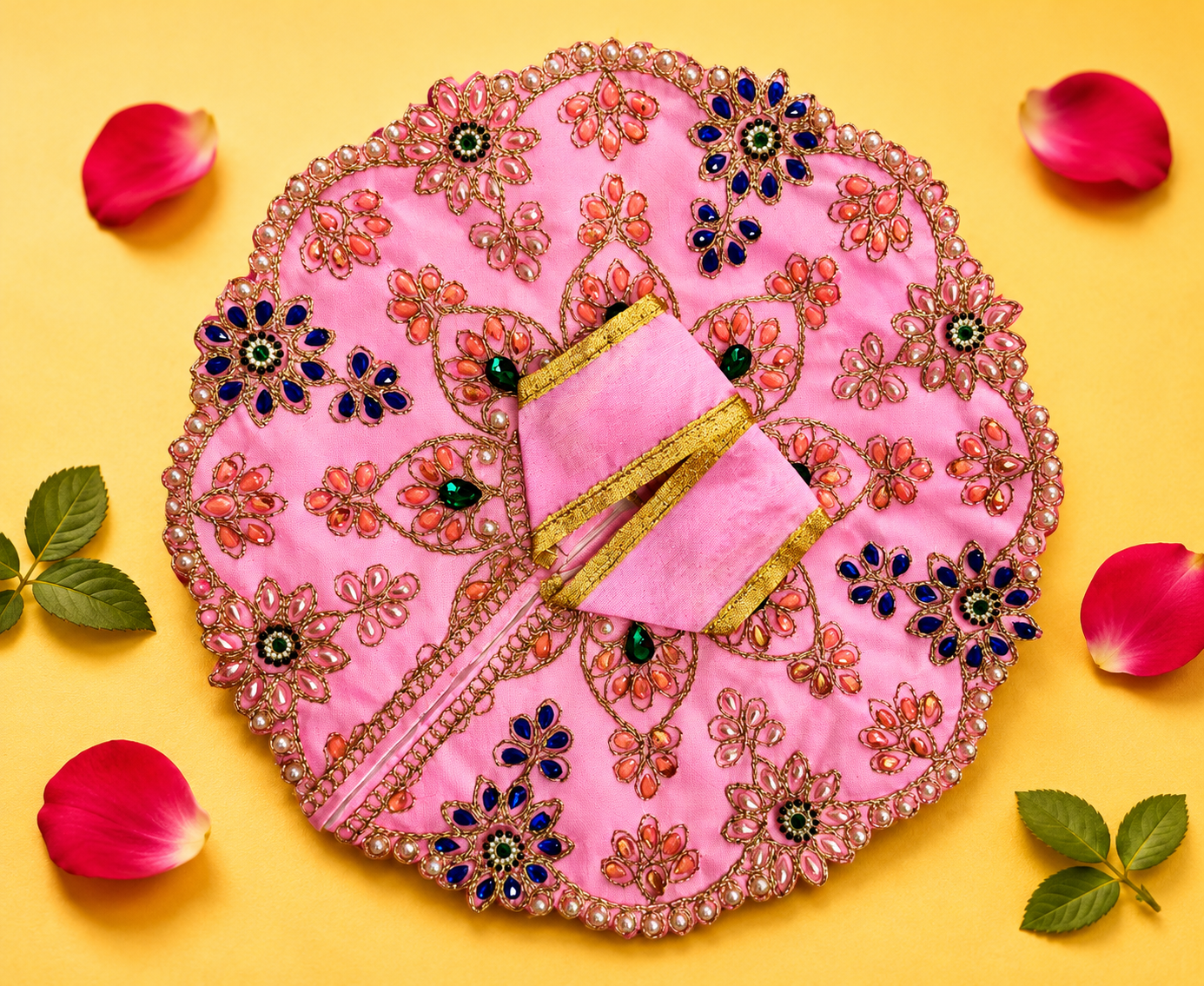 Silk Floral Stonework Laddu Gopal Poshak Set with Choli - Light Pink (Size 6)