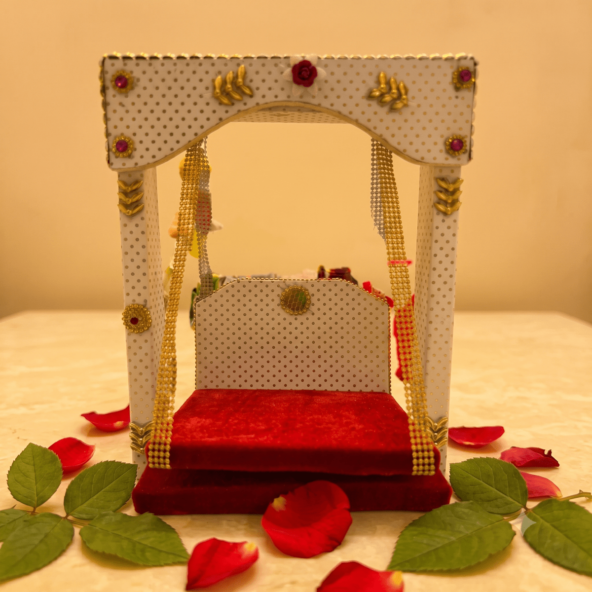 Decorative Red Velvet Palana with Lace for Kanha Ji - Red (Size 5) - JalanJi