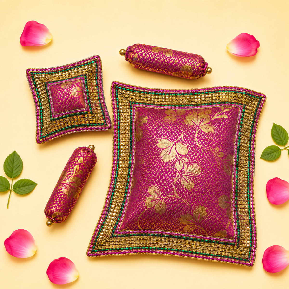Elegant Magenta Brocade Laddu Gopal Bedding Set with Golden Lace - JalanJi