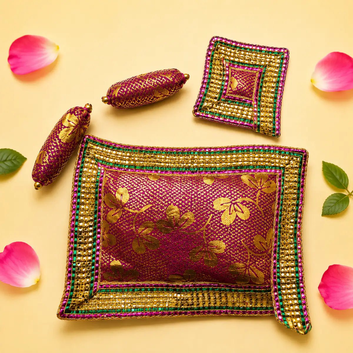 Elegant Red Brocade Laddu Gopal Bedding Set with Golden Lace - JalanJi