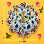 Elegant White & Blue Peacock Feather Print Laddu Gopal Poshak with Pink Scalloped Border - JalanJi