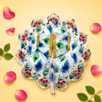 Elegant White & Blue Peacock Feather Print Laddu Gopal Poshak with Pink Scalloped Border - JalanJi