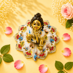 Elegant White & Red Feather Print Laddu Gopal Poshak with Scalloped Border - JalanJi