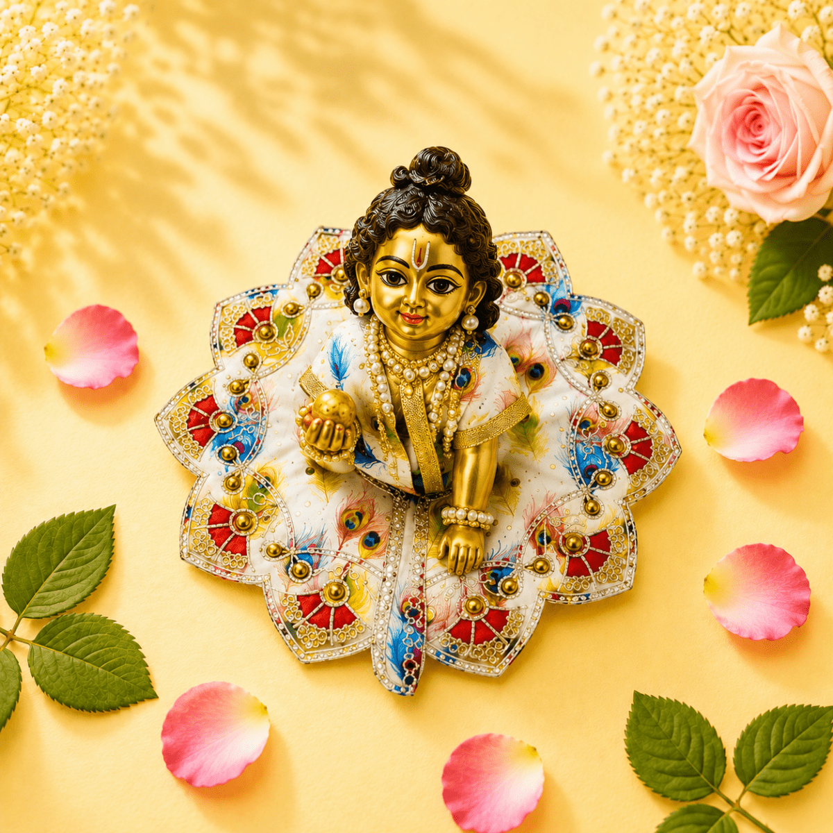 Elegant White & Red Feather Print Laddu Gopal Poshak with Scalloped Border - JalanJi