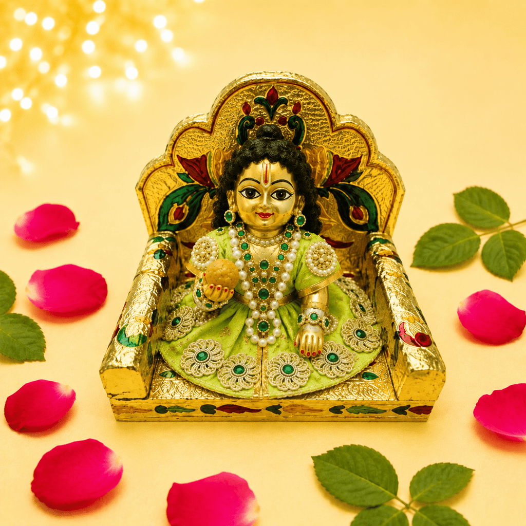 Golden Meenakari Peacock Singhasan for Laddu Gopal (Embossed Floral Seat) - JalanJi