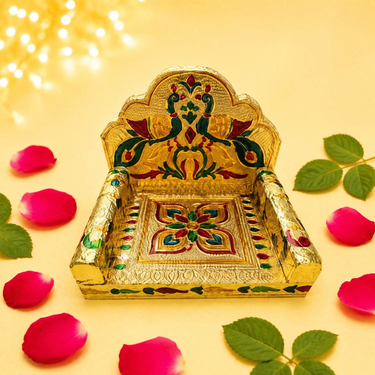 Golden Meenakari Peacock Singhasan for Laddu Gopal (Embossed Floral Seat) - JalanJi