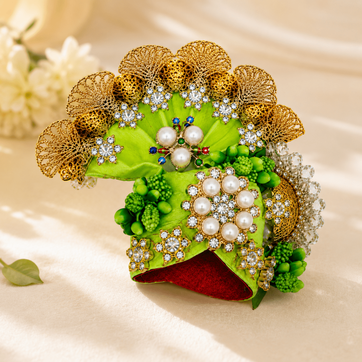 Green Pearl & Crystal Embellished - Laddu Gopal Mukut - JalanJi