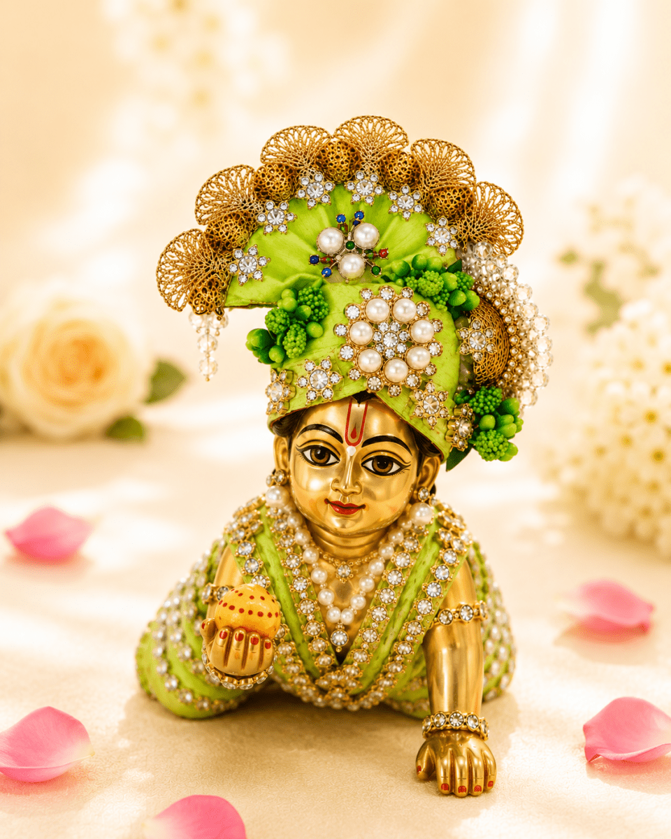 Green Pearl & Crystal Embellished - Laddu Gopal Mukut - JalanJi