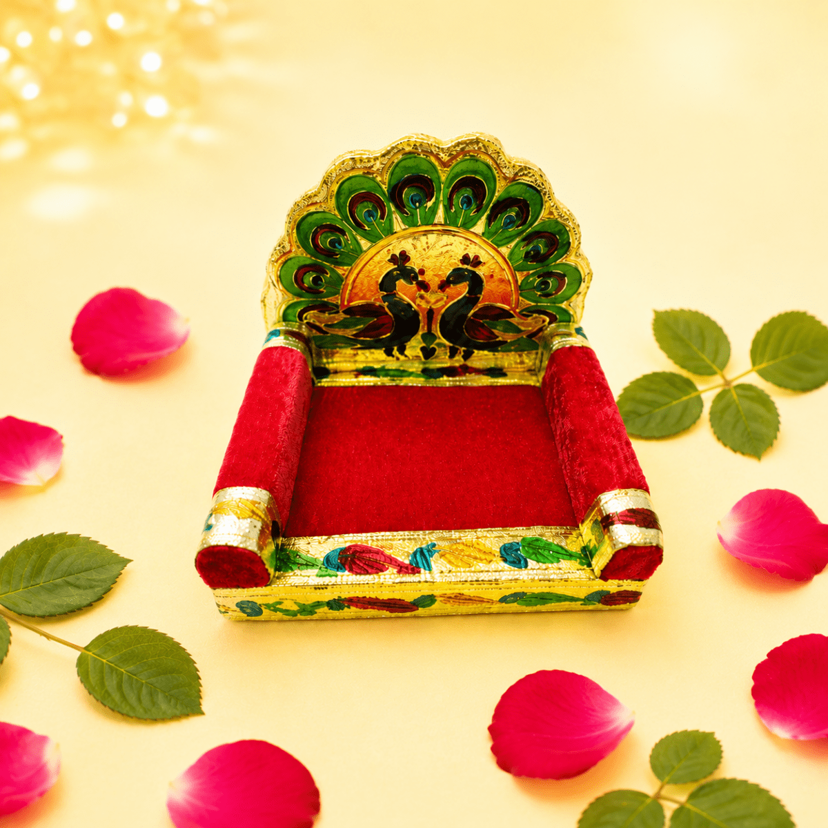 Handcrafted Meenakari Peacock Singhasan for Laddu Gopal (Red Velvet, Gold Finish) - JalanJi