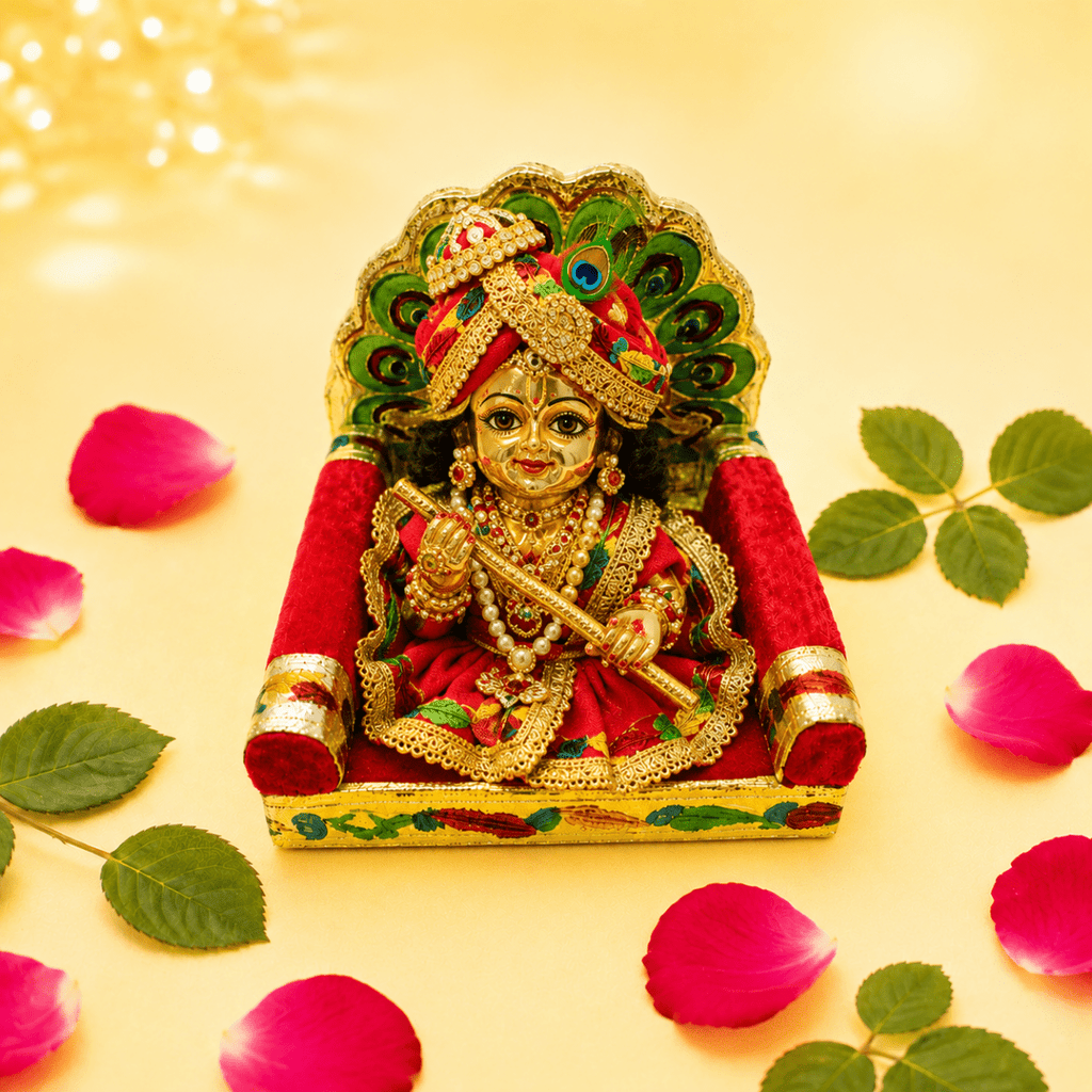 Handcrafted Meenakari Peacock Singhasan for Laddu Gopal (Red Velvet, Gold Finish) - JalanJi