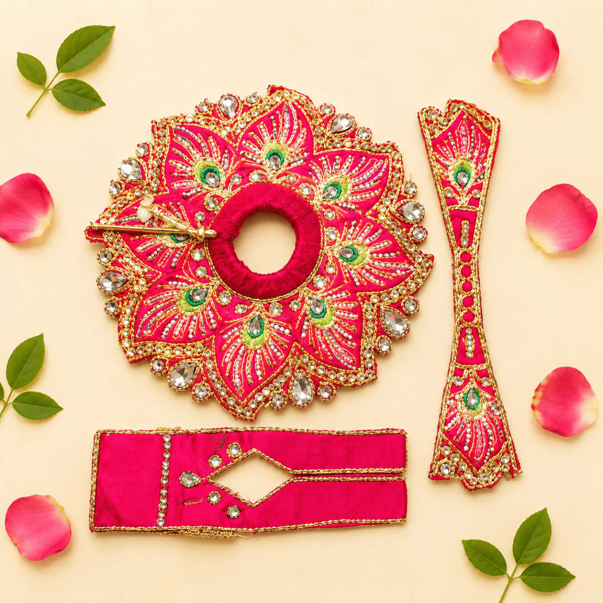 Heavy Hot Pink Peacock Motif Skill Blend Laddu Gopal Poshak with Patka & Choli - JalanJi