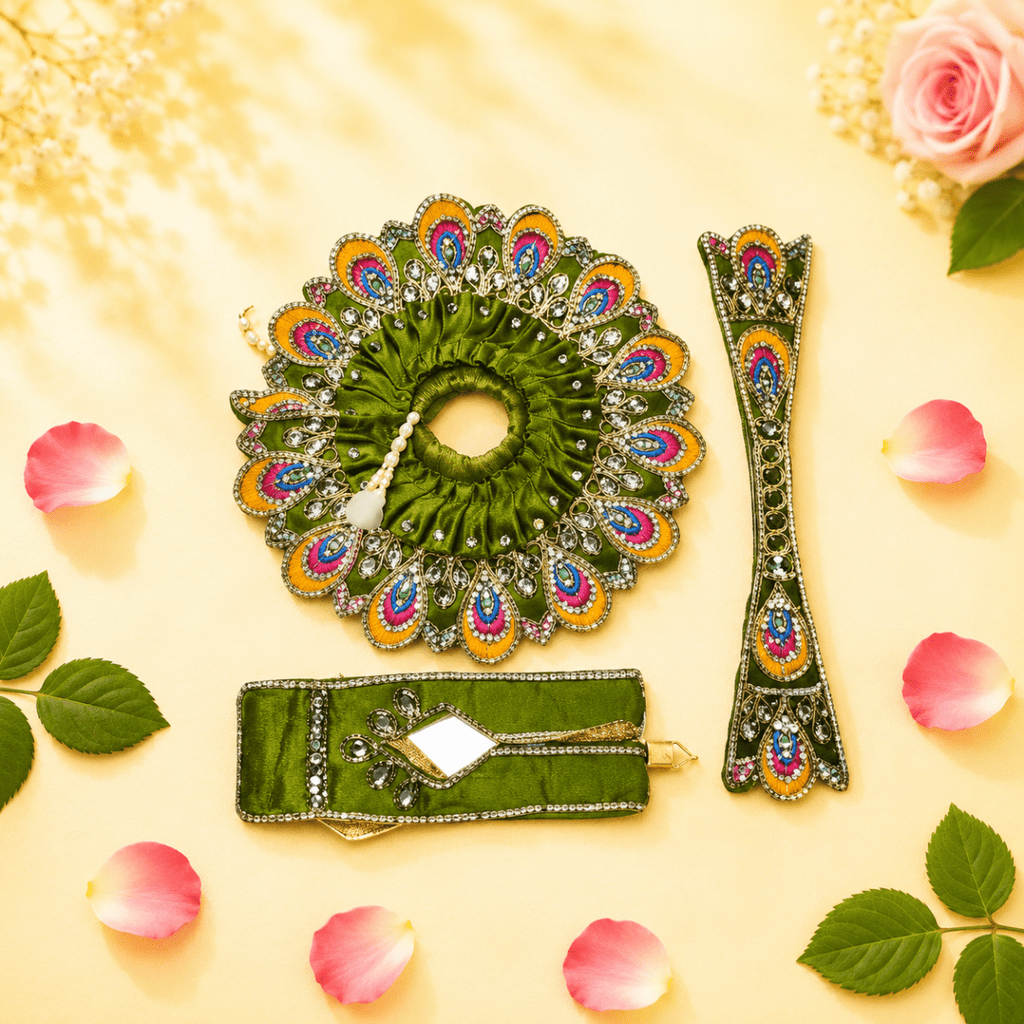 Heavy Motif Green Silk Poshak Set for Laddu Gopal (with Choli & Patka) - JalanJi