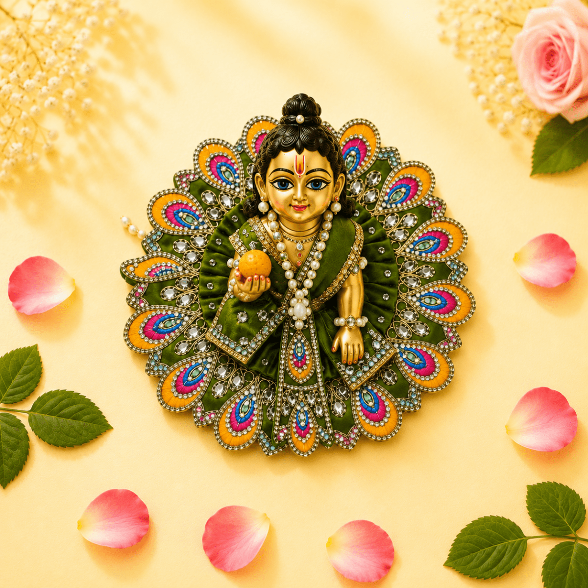 Heavy Motif Green Silk Poshak Set for Laddu Gopal (with Choli & Patka) - JalanJi