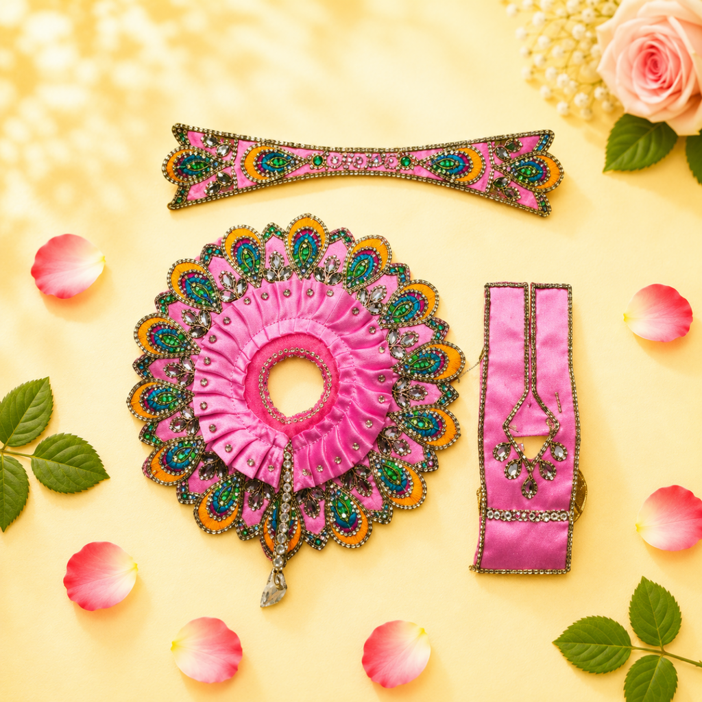 Heavy Motif Pink Silk Poshak Set for Laddu Gopal (with Choli & Patka) - JalanJi