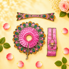 Heavy Motif Pink Silk Poshak Set for Laddu Gopal (with Choli & Patka) - JalanJi
