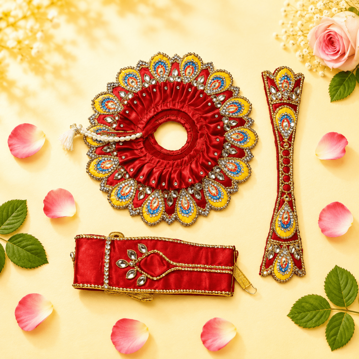 Heavy Motif Red Silk Poshak Set for Laddu Gopal (with Choli & Patka) - JalanJi