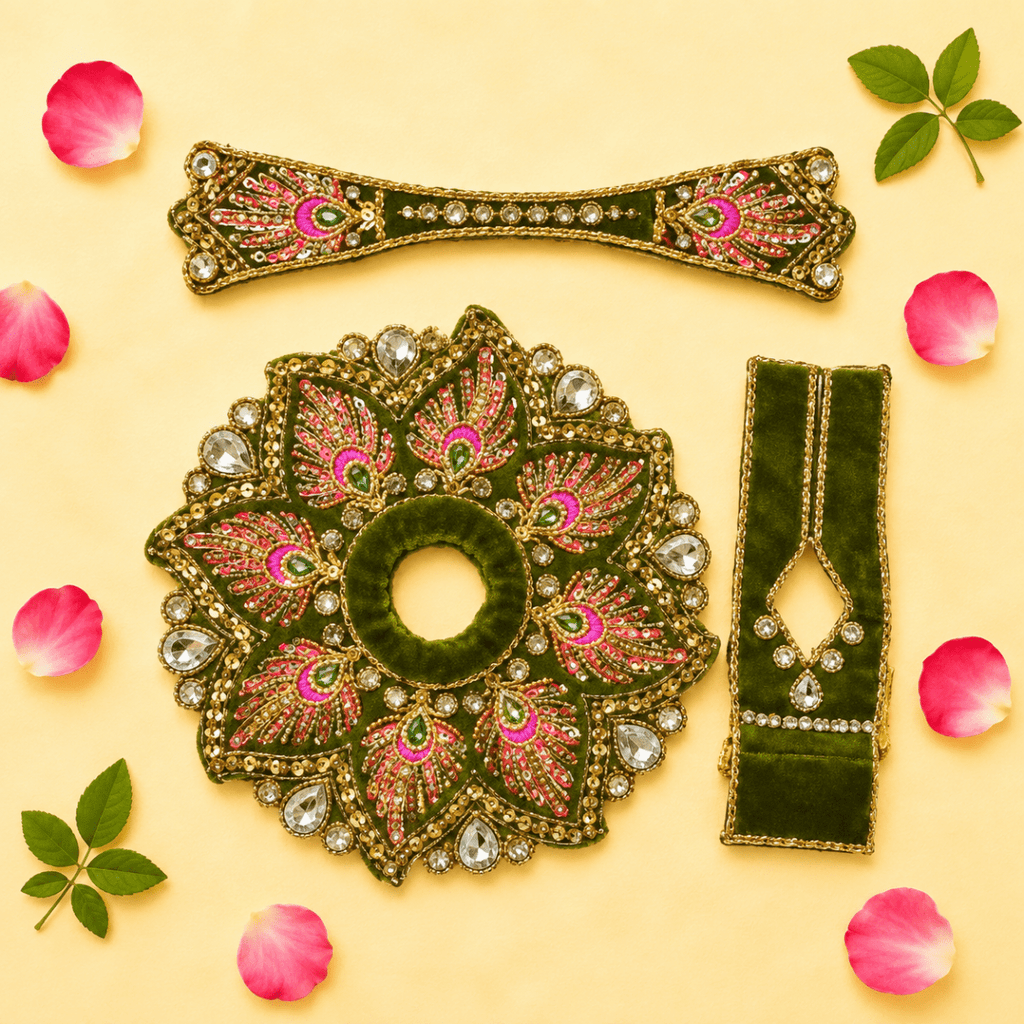 Heavy Olive Green Stone Work Skill Blend Laddu Gopal Poshak with Patka & Choli - JalanJi