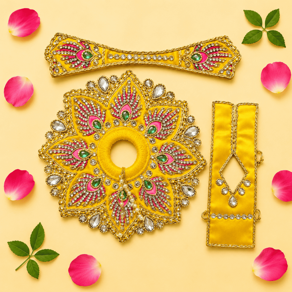 Heavy Yellow Stone Work Skill Blend Laddu Gopal Poshak with Patka & Choli - JalanJi