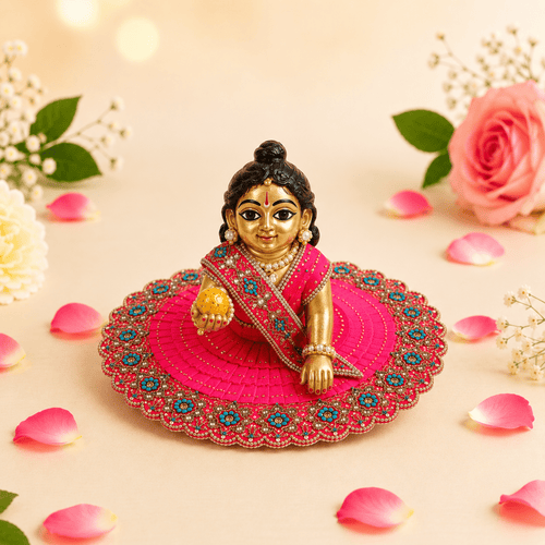 Hot Pink & Blue Floral Mirror Work Ladoo Gopal Poshak Set - JalanJi