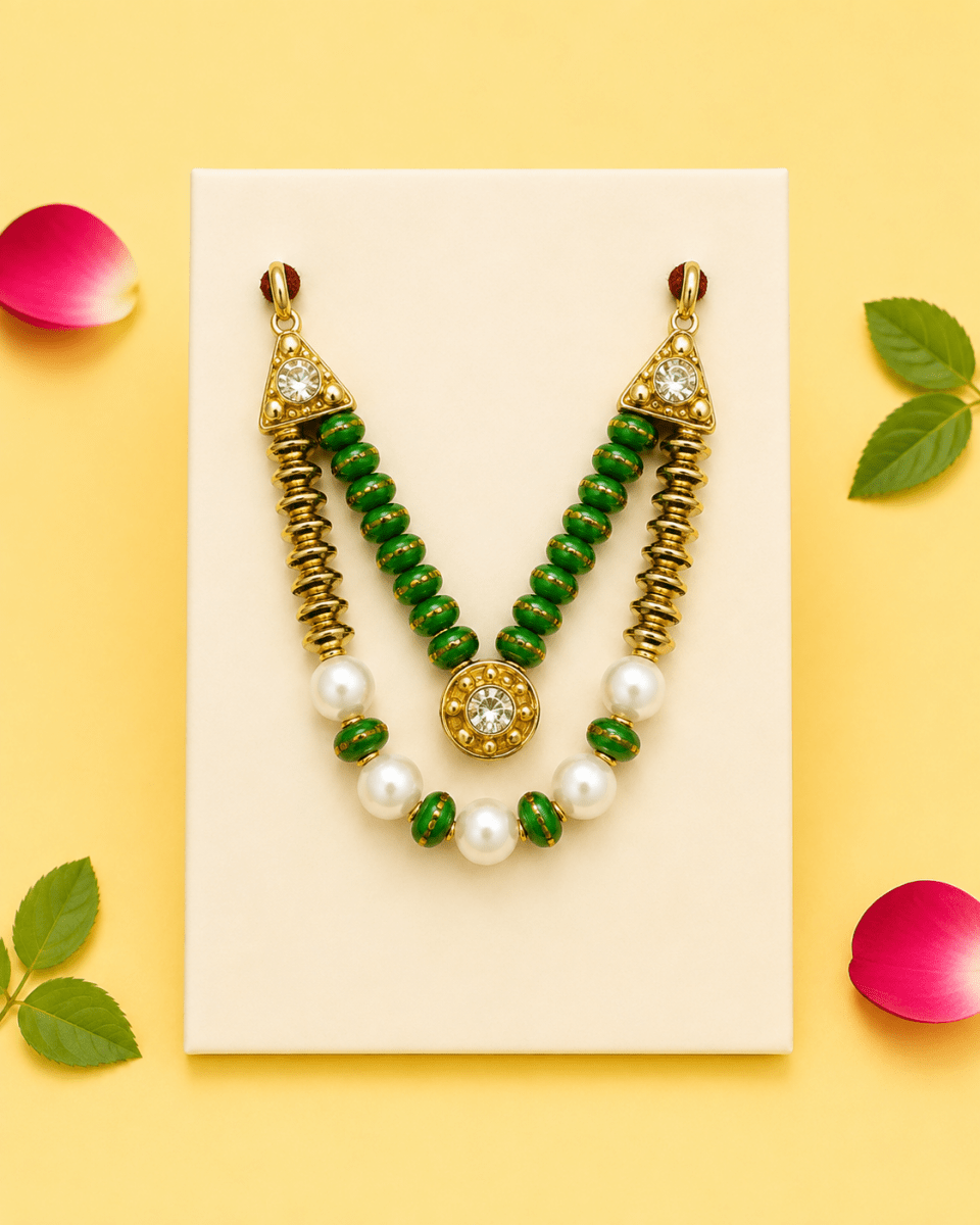 Layered Pearl Drop Kanha Ji Mala - Green & Gold - JalanJi