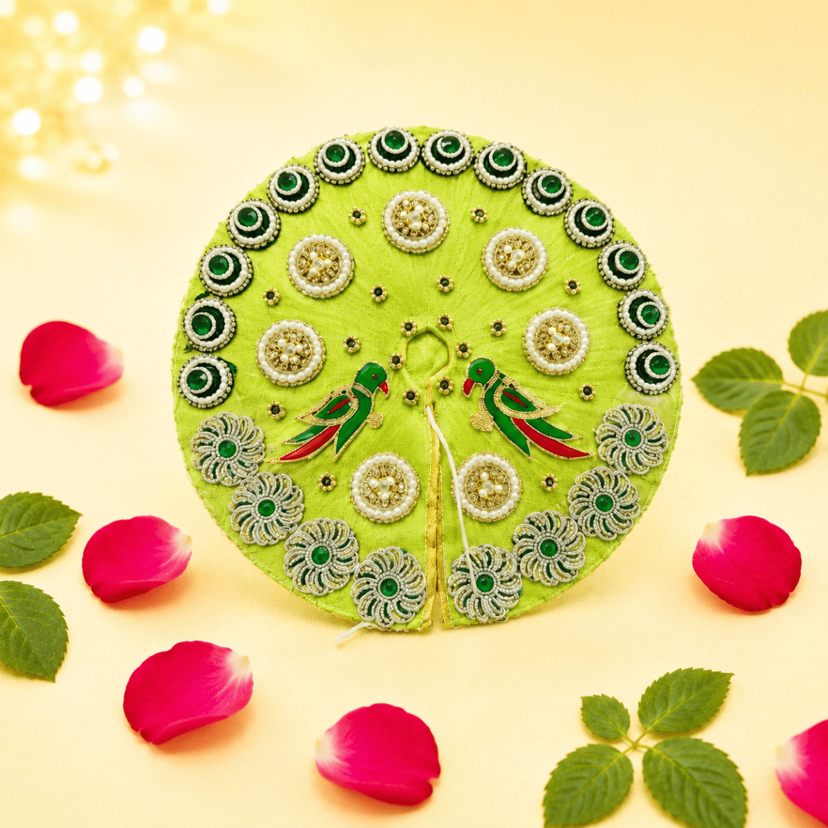 Light Green Parrot Motif Laddu Gopal Poshak with Heavy Pearl & Stone Work - JalanJi