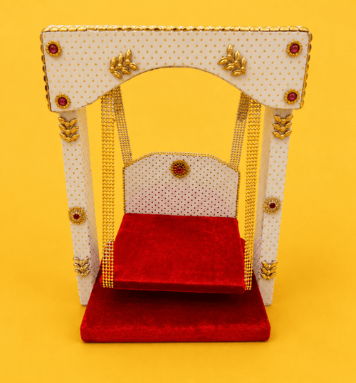 Metal Jhula with Velvet Seat for Laddu Gopal - White & Red (Size 5) - JalanJi