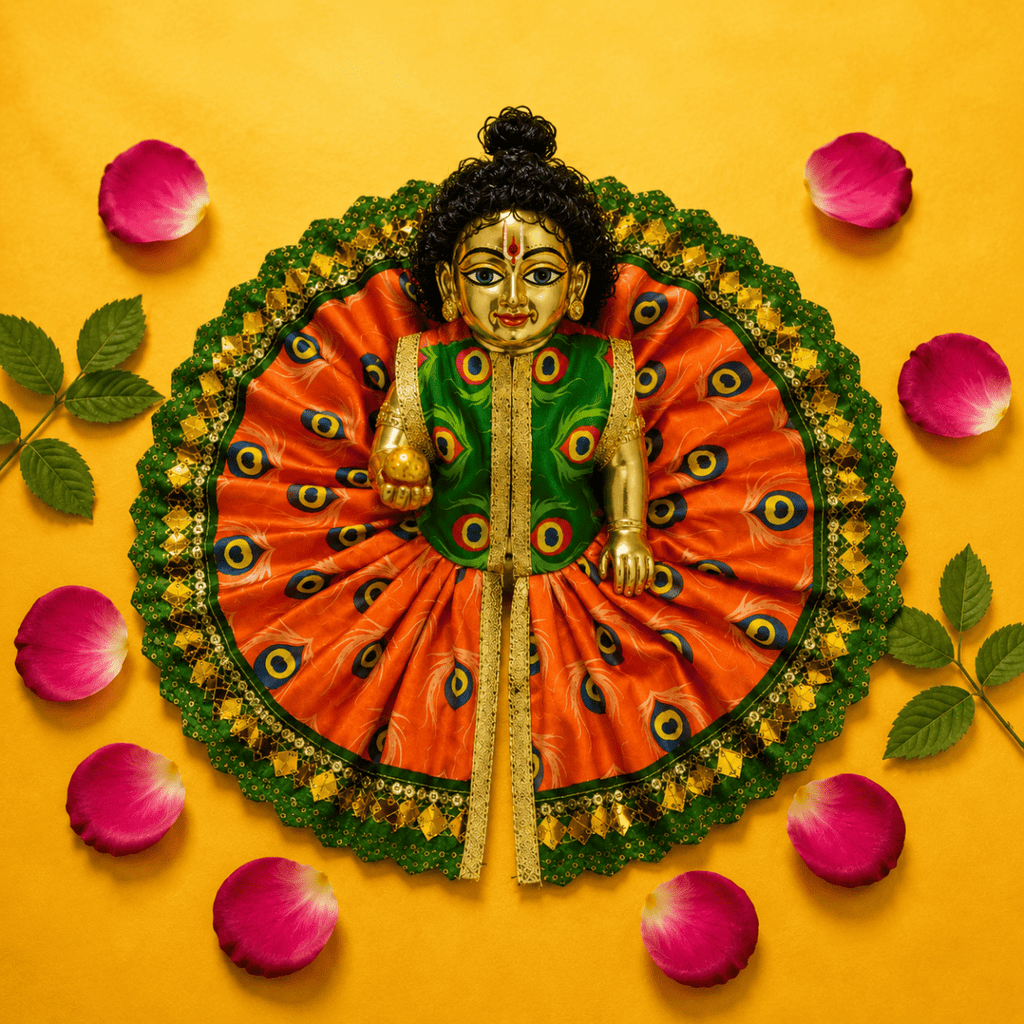 Mor Pankh Print Laddu Gopal Poshak Set with Choli - Orange & Green (Size 5) - JalanJi