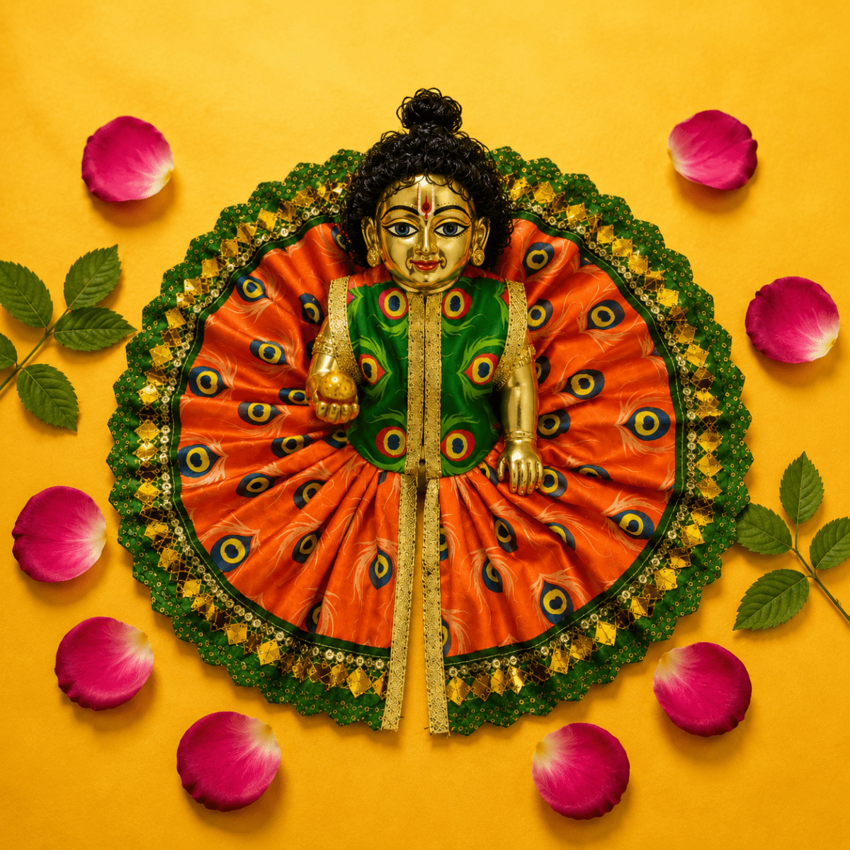 Mor Pankh Print Laddu Gopal Poshak Set with Choli - Orange & Green (Size 5) - JalanJi